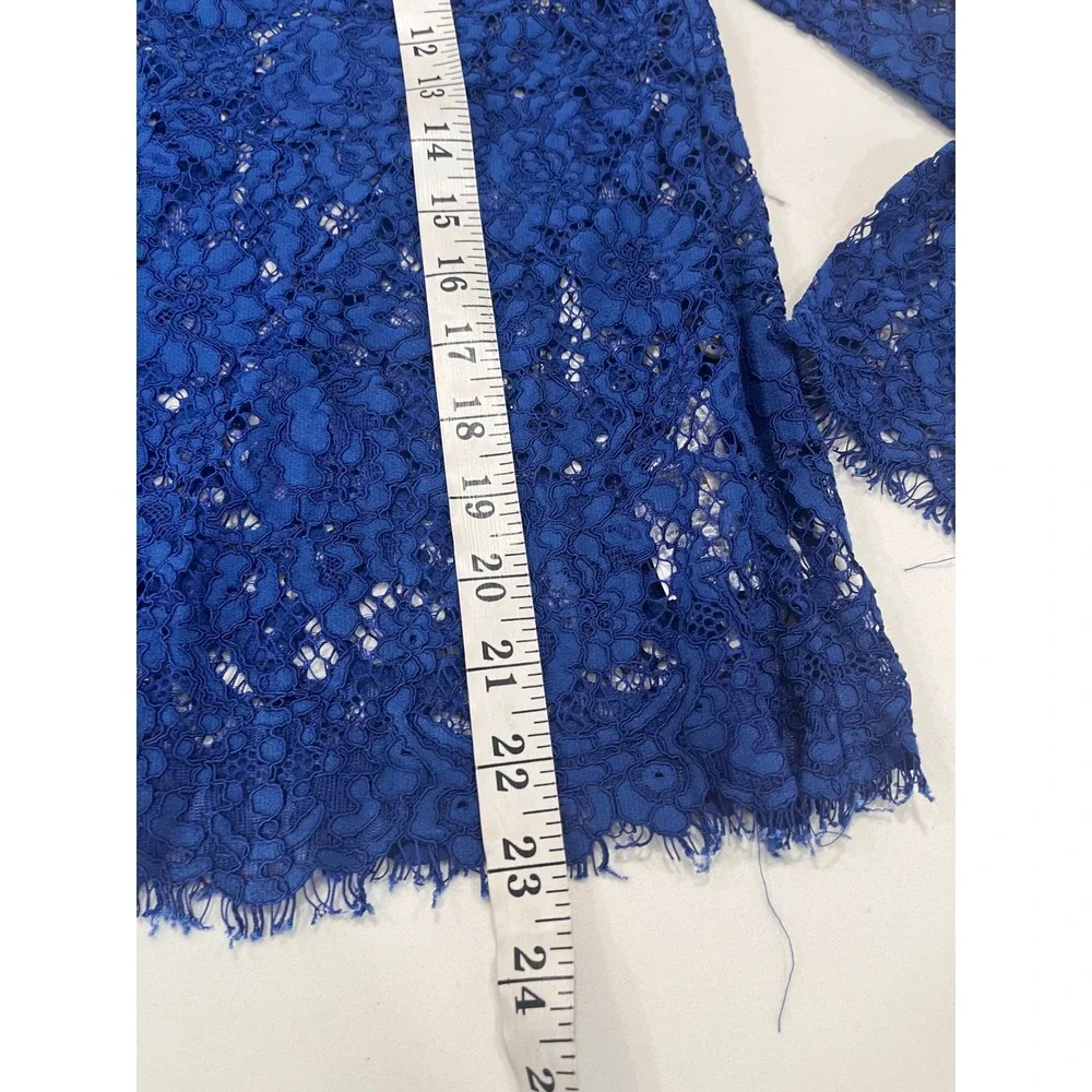 Royal Blue Floral Lace‎ Mock Neck Long Sleeve Top with Shoulder Buttons